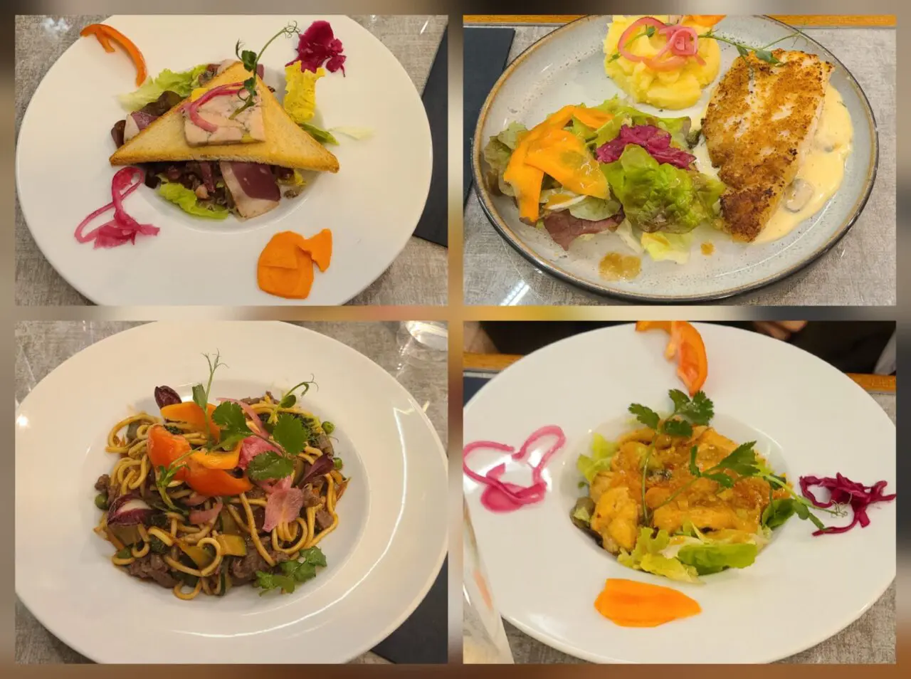 Collage de plats français élégants du restaurant La Belle Epoque à Brest avec dressage artistique et présentations colorées